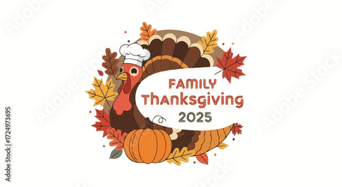 Festive Thanksgiving 2025 celebration with a cute chef turkey, pumpkins, and autumn leaves, perfect for family holiday gatherings and autumn events.