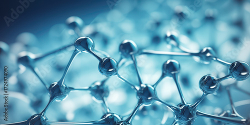 Material closeup, geometric Hydrogen, molecular, Stylized atomic lattice with metallic spheres and connectors in hexagonal symmetry. molecular visualization, material science, biotech 