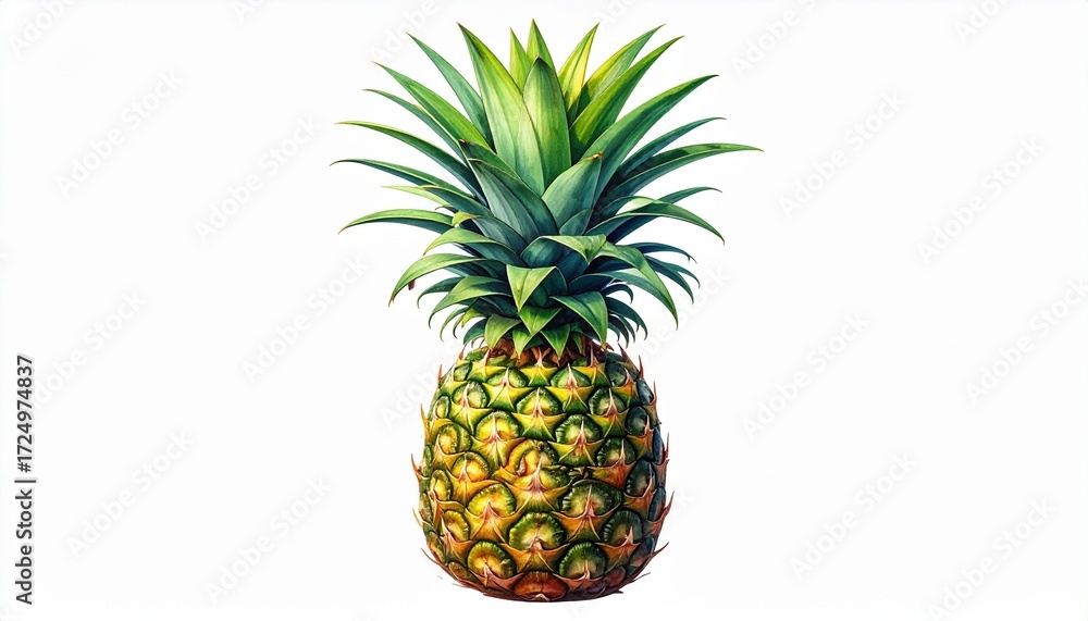 Obraz premium Whole pineapple with textured yellow-green skin and spiky hexagonal segments, topped with pointed green leaves, isolated on white background, showcasing tropical fruit detail and freshness.