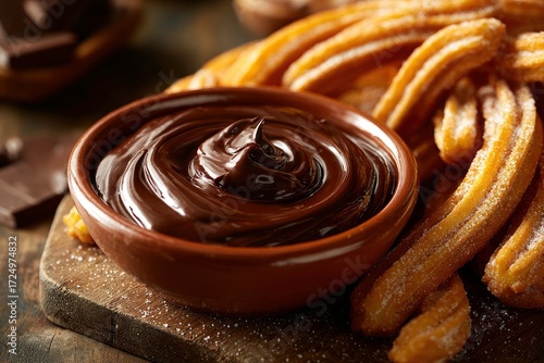 Delicious churros with rich dark chocolate dipping sauce sweet treat closeup