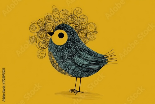 Whimsical blue bird illustration with yellow background; ideal for web, print, and social media.