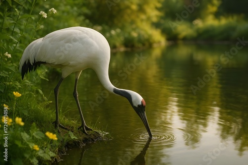 Graceful crane dips its beak into the tranquil water, creating ripples of serenity in a lush green landscape, perfect for nature and wildlife projects