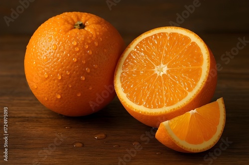 Fresh oranges glistening with water droplets on a rustic wooden surface, perfect for healthy recipes, vibrant juice ads, and nutrition-focused campaigns