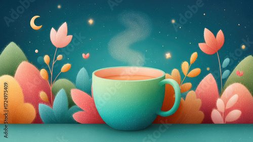 A whimsical and enchanting photo of a steaming teacup set in a magical garden at night under a crescent moon and stars