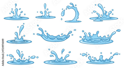 Set of various splashes of clear blue water over a white background.
