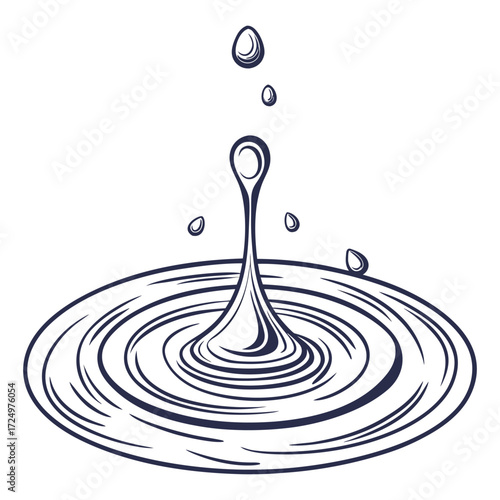Water Drop Impact Ripples Splashing Liquid Nature Design Illustration on White Background