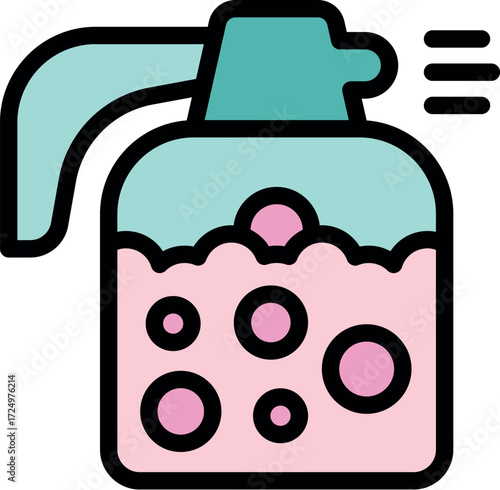 Pink liquid soap being sprayed from a dispenser, forming bubbles, representing hygiene and cleaning practices