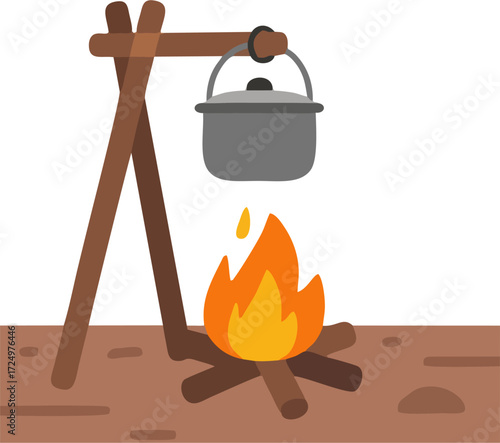 Flat Cartoon Campfire Cooking Pot Vector – Minimalist Outdoor Kettle Over Fire for Easy Tracing