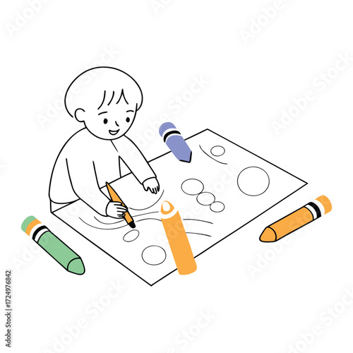 Cute Child Drawing Colorful Shapes Creative Playtime Fun on White Background