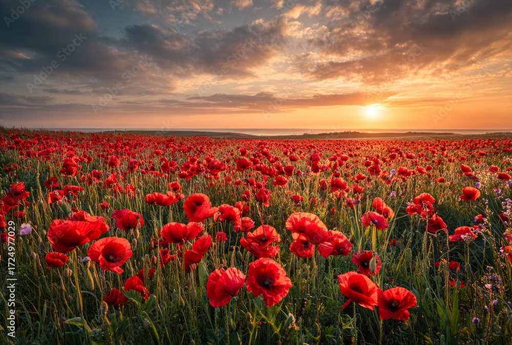 Fototapeta premium Crimson Bloom: Poppy Field at Sunset