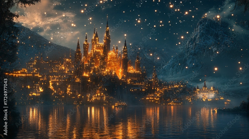 Fototapeta premium Enchanting Landscape of a Fantasy Castle Illuminated in a Starry Night with Glimmering Reflections on a Serene Lake Surrounded by Majestic Mountains