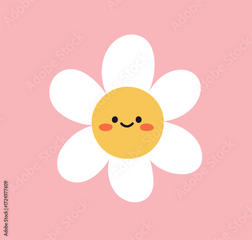 Happy cute daisy. Funny smiling flower, adorable kawaii face expression, joyful cheerful emoji with positive emotion. Sunny chamomile with petals, blush red cheeks. Flat vector illustration