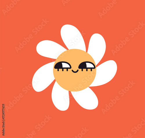 Cute funny daisy flower. Floral emoji character, looking aside, smiling sunny face, playful expression. Adorable kawaii cheerful positive camomile in modern groovy style. Flat vector illustration
