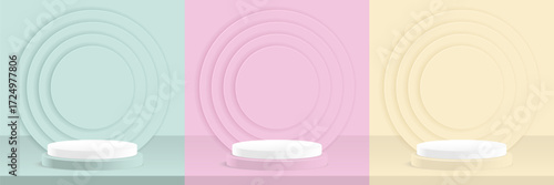 Paper cut of minimal scene with pink peach cylinder podium with pastel wavy layered paper art backdrop for product display on pink background. Product presentation, mock up, show cosmetic. Vector