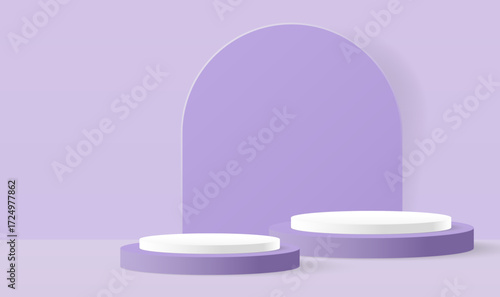 Paper cut of minimal scene with pink peach cylinder podium with pastel wavy layered paper art backdrop for product display on pink background. Product presentation, mock up, show cosmetic. Vector