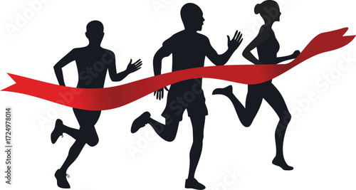 Flat Vector Silhouette of Athletes Running Across Finish Line Ribbon in Sports Competition