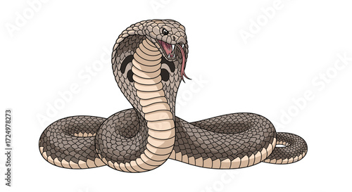 An illustrated venomous cobra snake with its hood flared and mouth open in a defensive posture.