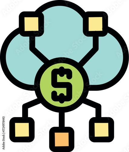 Cloud computing managing online money transaction system with dollar symbol and related network