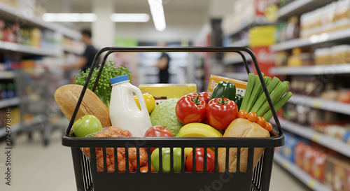 Grocery shopping basket filled with fresh fruits and vegetables in store  