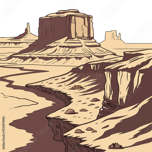 Stylized illustration of a vast desert landscape with iconic mesas and a winding canyon carved by a dry riverbed