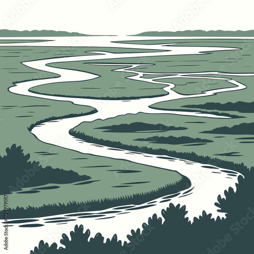 Stylized illustration of a winding river flowing through a lush green wetland landscape under a pale sky