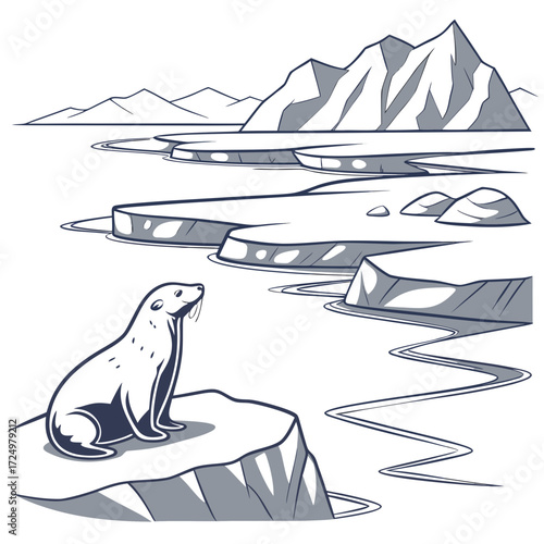 A lone seal sits on an ice floe in a cold arctic landscape with mountains and icy waters