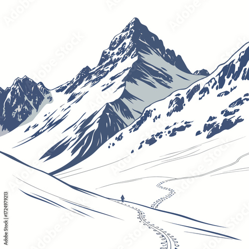 A lone figure walks along a winding snowy path towards majestic snow capped mountains under a clear sky