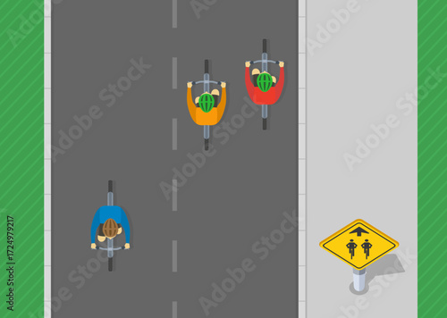 Safe driving tips and traffic regulation rules. Top view of a bicycle traffic on "bicycle boulevard" sign area road. Flat vector illustration template.