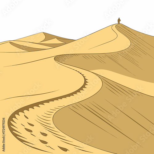 A lone traveler walks along a winding path of footprints on a vast sand dune landscape under a clear sky