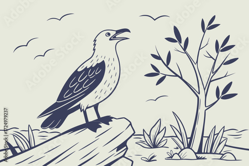 Monochrome Bird Perched on Log in Dry Landscape Vector