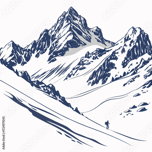 A lone hiker traverses a vast snow covered mountain range under a clear sky