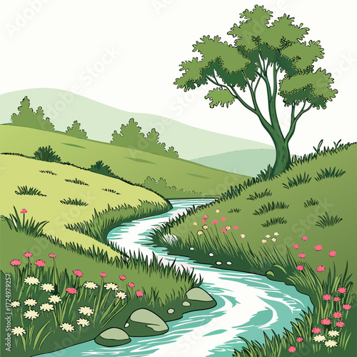A picturesque green landscape with rolling hills a winding river and a lone tree with wildflowers