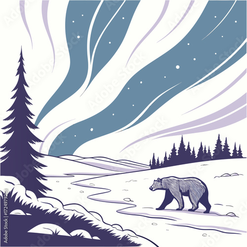 A solitary bear walks across a snowy landscape under the majestic glow of the aurora borealis