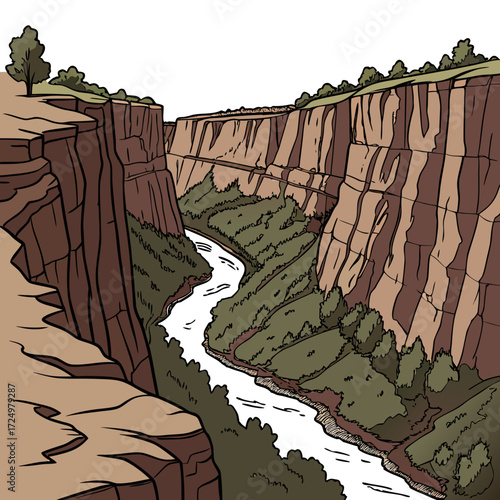 A stylized illustration of a winding river flowing through a deep canyon with steep layered rock walls and lush green vegetation