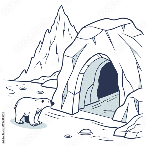 Cute cartoon polar bear standing near an icy cave entrance with snowy mountains in the background