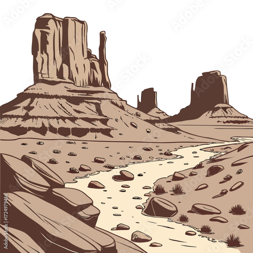 Iconic monument valley landscape illustration with buttes and a winding riverbed under a clear sky