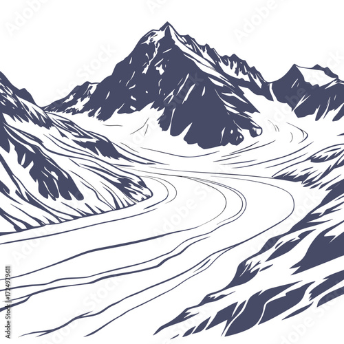Majestic mountain range with a winding glacier flowing through a dramatic snowy landscape