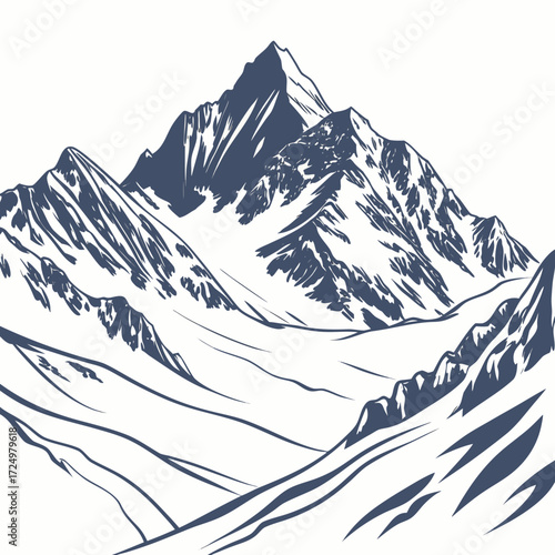 Majestic snow capped mountain range rendered in a dramatic dark blue line art style against a white background