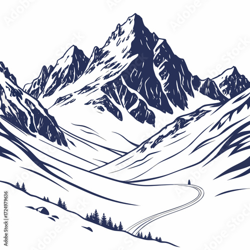 Majestic snow covered mountain range with a winding road leading towards a distant solitary cabin in a serene winter landscape