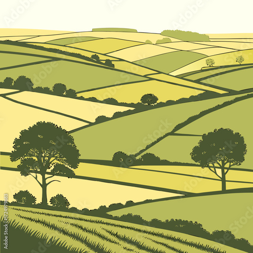 Rolling green hills and patchwork fields with trees under a pale yellow sky in a stylized illustration