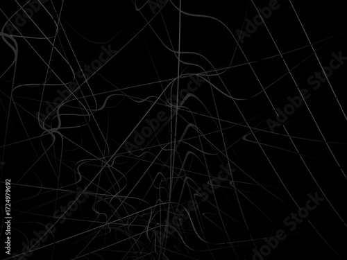 Gradient black tangled thread background. Abstract pen stroke vector illustration, on black background. Hand drawn tangled doodle. Vector illustration isolated on black background.