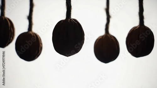 A collection of hanging pumpkins and gourds decorating for autumn festivals.