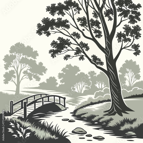 Serene park landscape with a wooden bridge over a stream and a large tree in the foreground