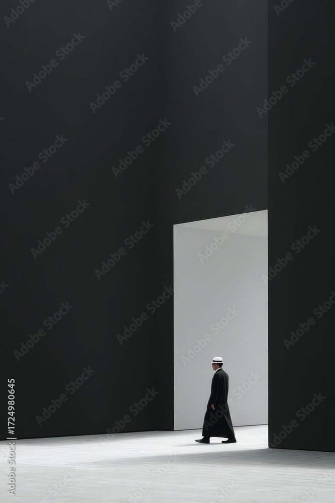 Obraz premium A man in a long coat walks through a modern minimalist space. Ideal for design, fashion, and architecture projects.