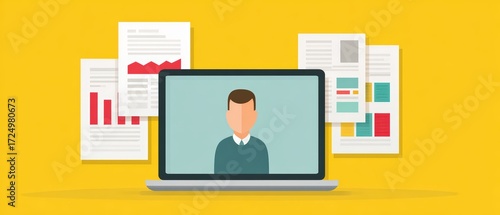 Professional Online Meeting Concept With Laptop, Charts, Graphs, and Documents on Yellow Background