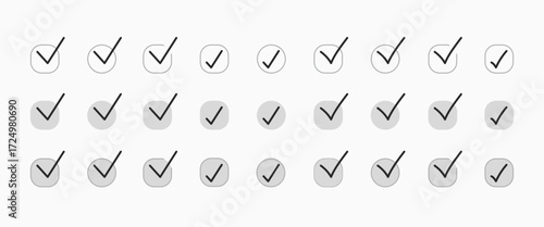 Minimalist check mark checkbox icon set. Modern, unique vector design with clean lines and versatile style for approval, confirm, checklist, UI, business, and web projects.