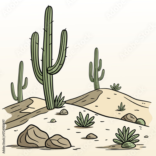 Stylized cartoon illustration of a desert landscape with saguaro cacti rocks and small green plants under a pale sky