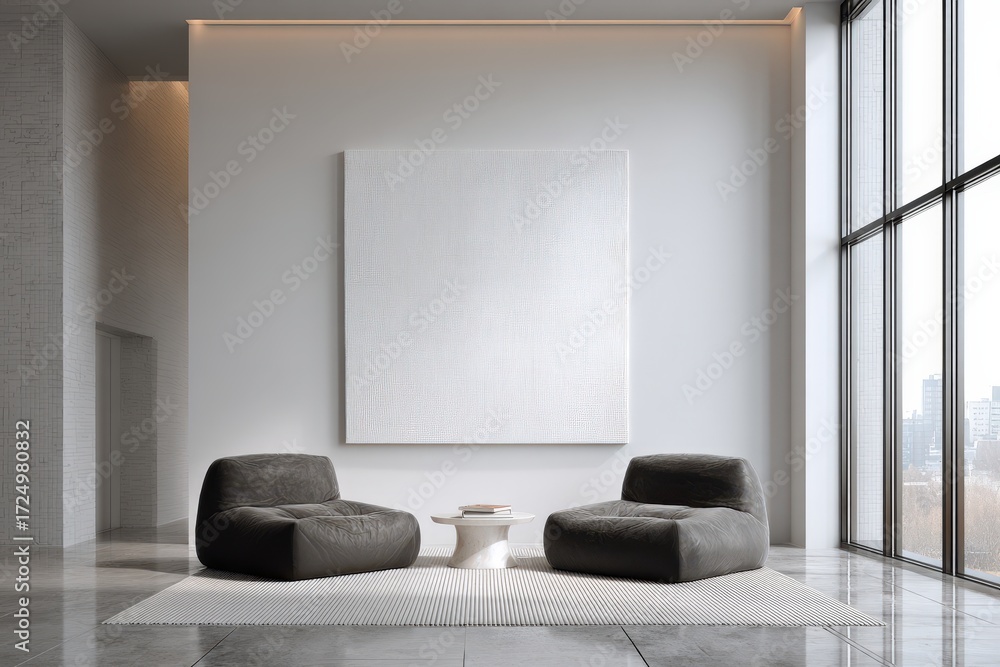 Fototapeta premium Modern minimalist lounge interior with gray chairs, white wall, and large window, ideal for website backgrounds.