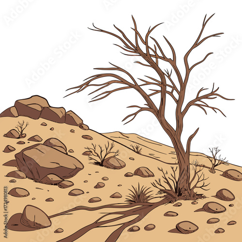Stylized illustration of a barren desert landscape with a large dead tree and scattered rocks under a white sky