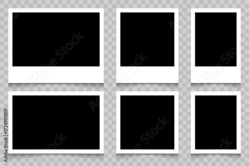 Set empty Polaroid Frames Vector isolated on transparent background. Realistic Photo Templates with Shadows.